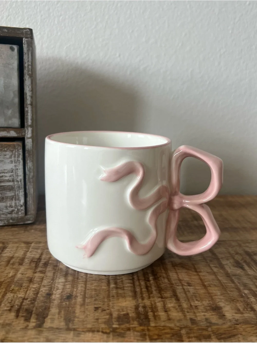 New White Ceramic Mug with Pink Bow Handle